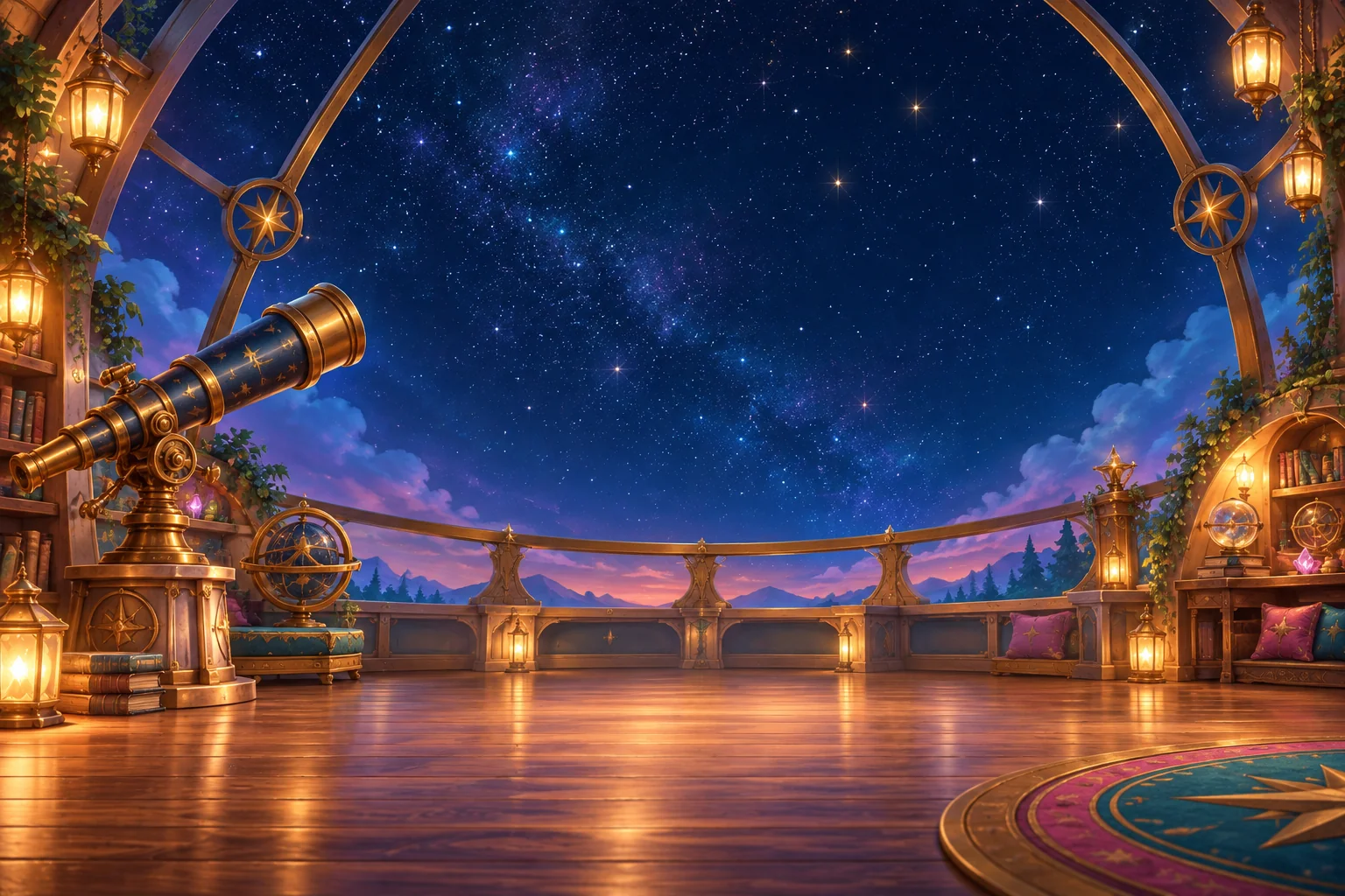 The observatory opens onto a sky filled with stars